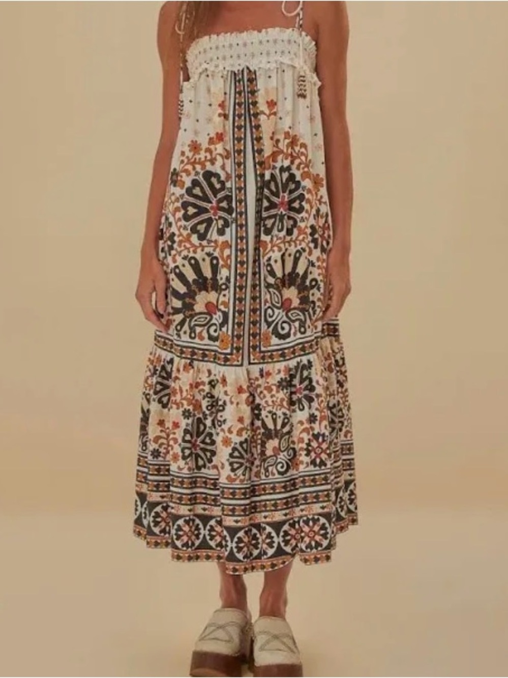 Farm Rio | Flower Fan Tapestry Off-white Midi Dress